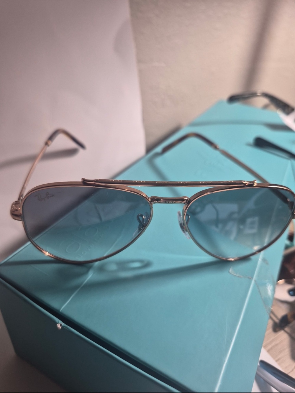 Ray-Ban Gold Frame Sunglasses with Blue Lenses